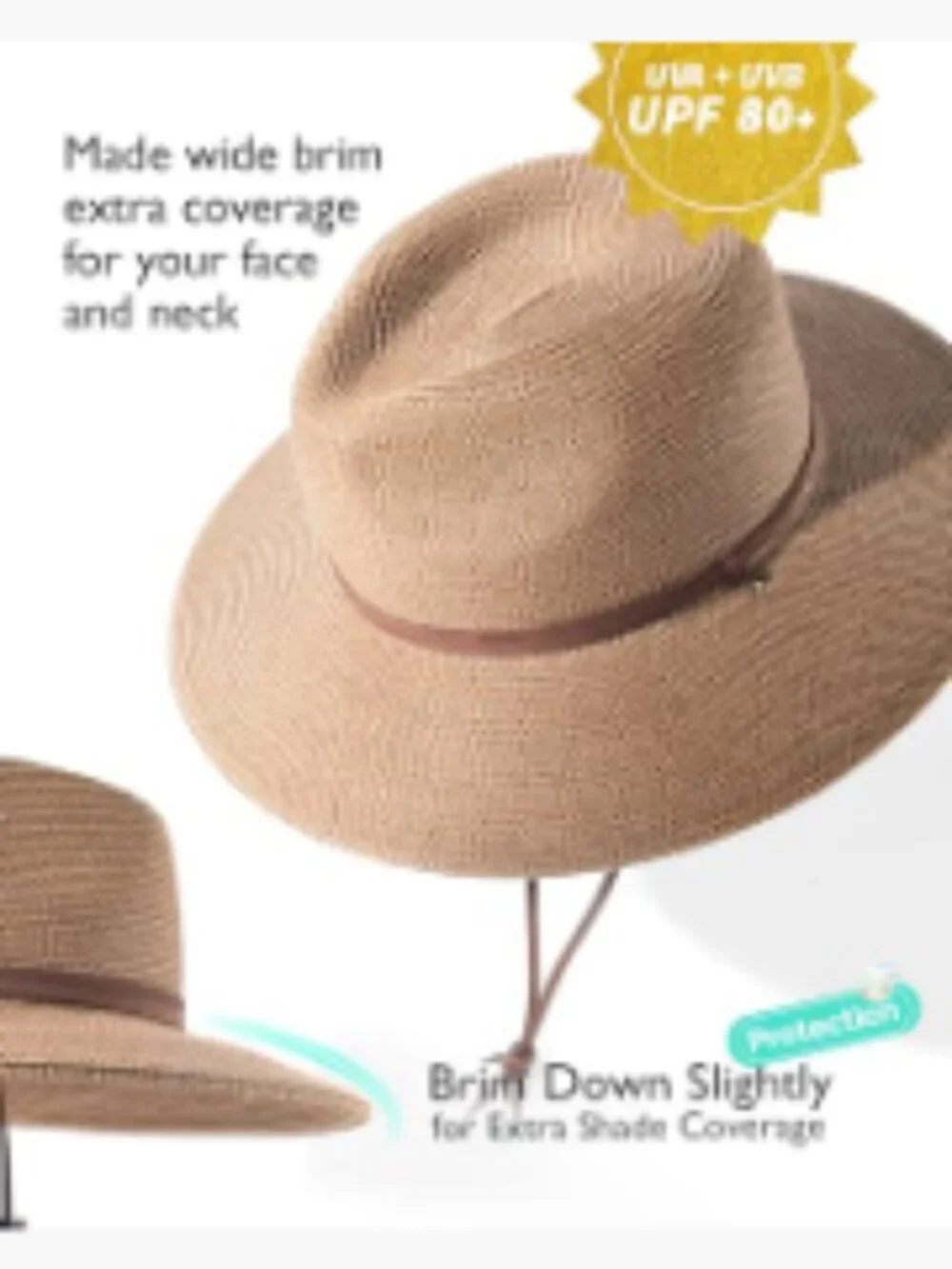 Wide Brim Straw Sun Hat with Wind Lanyard UPF 80+